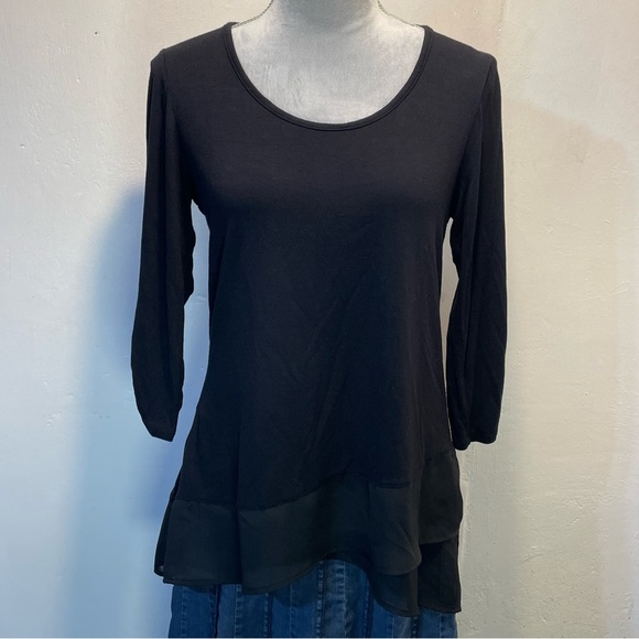 Maurices Tops - #0251 Maurices Black Asymmetrical Blouse 3/4 Sleeves and sheer Bottom Ruffle-M